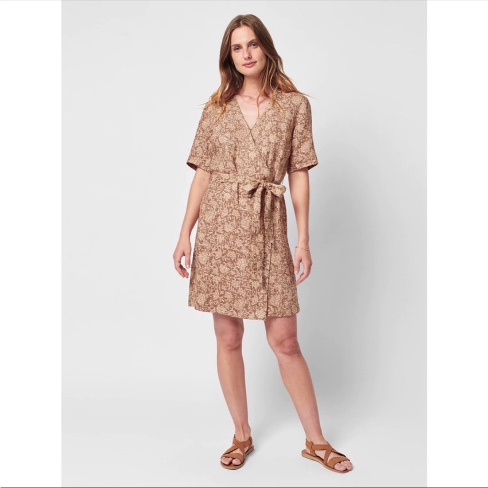 Faherty Ashley Linen Wrap Dress Bronze Riviera Floral Print Small S